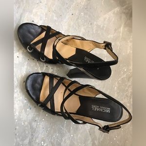 Black leather laced heels with clear lucite base